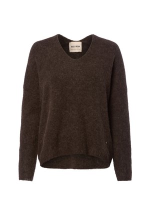 Brown knitted sweater with a V-neck, long sleeves, and a relaxed fit. Soft texture with a slightly loose structure and a rounded hemline.