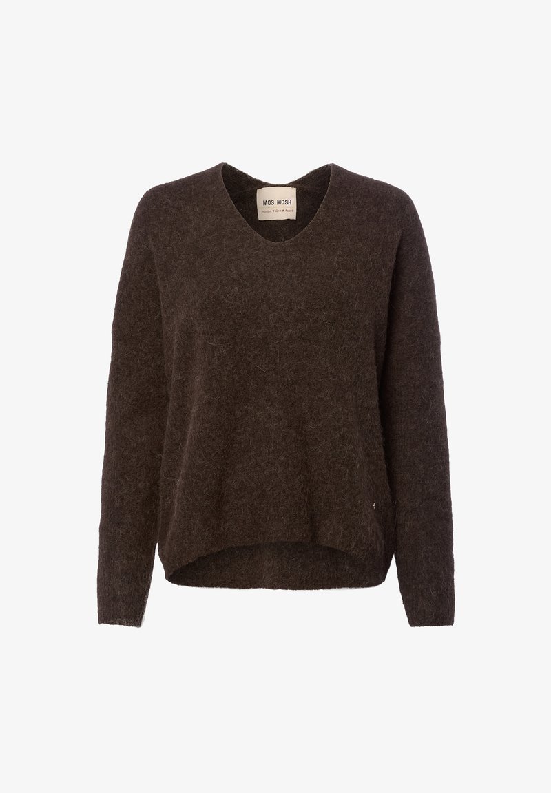 Pull en tricot marron avec un col en V, des manches longues et une coupe décontractée. Texture douce avec une structure légèrement ample et un ourlet arrondi.