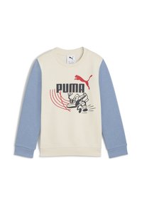 Sudadera crema con mangas azules, que presenta un gráfico del logotipo "PUMA" y una ilustración de zapatilla. Fabricada en suave algodón. Puños y dobladillo acanalados.