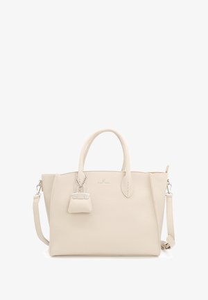 Borsa tote in pelle beige con doppio manico superiore e tracolla rimovibile. Presenta un piccolo ciondolo a forma di lucchetto e logo impresso.