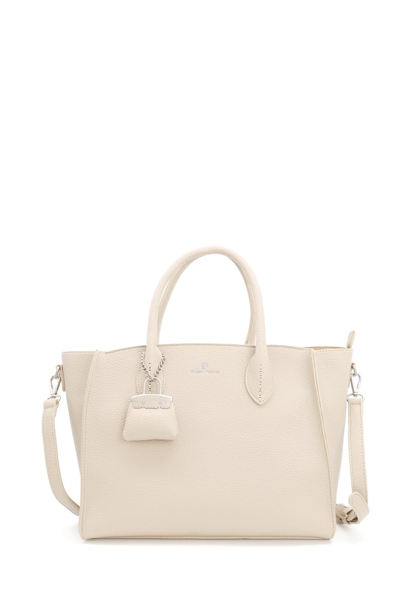 Beżowa skórzana torba na ramię z podwójnymi uchwytami u góry i odpinanym paskiem na ramię. Zawiera mały wisior w kształcie kłódki oraz wytłoczone logo.