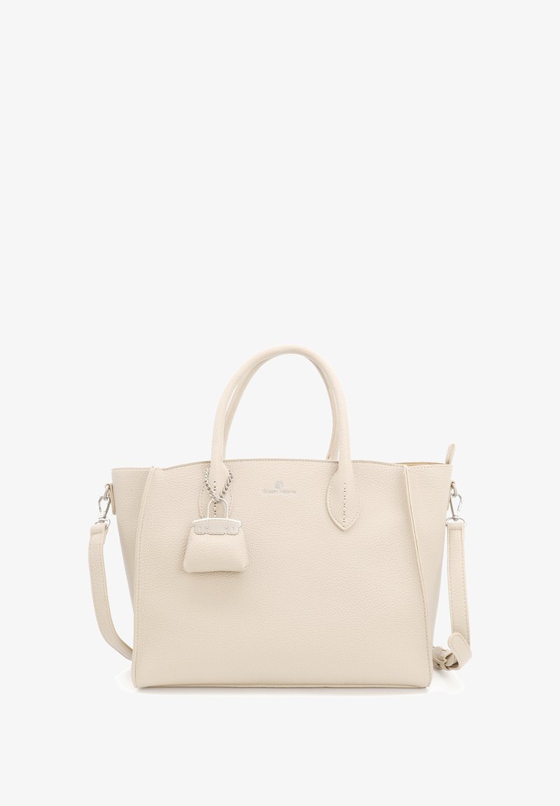 Beżowa skórzana torba na ramię z podwójnymi uchwytami u góry i odpinanym paskiem na ramię. Zawiera mały wisior w kształcie kłódki oraz wytłoczone logo.