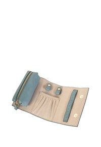 Niebieski skórzany portfel z zamykaną na zamek kieszonką, beżowym wnętrzem, dwoma zapięciami na guziki, jedną elastyczną kieszenią i przymocowanym paskiem.