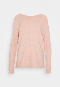 Maglione rosa chiaro a maniche lunghe, lavorato a maglia, con scollatura ampia, polsini a coste e dettaglio centrale a cucitura. Texture morbida e vestibilità rilassata.