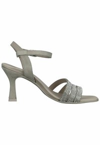 Beige High-Heelsandale mit einem schmalen Design, verziert mit Strassakzenten und einem schlanken Absatz für eine elegante Silhouette.