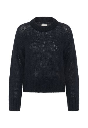 Pull tricoté en bleu marine foncé. Présente un col rond, des manches longues et un ourlet court. Texture en maille et coupe ample.