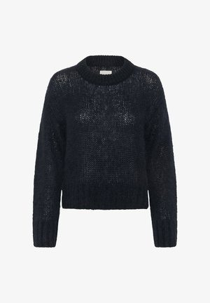 Pulover tricotat în albastru închis. Are o gât rotund, mâneci lungi și tiv scurt. Textură asemănătoare plasă și croială lejeră.