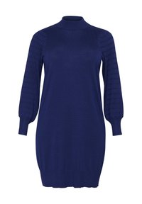 Robe en maille bleu marine avec un col montant, des manches ballons texturées et des poignets côtelés. Présente une coupe décontractée et un tissu corporel lisse.