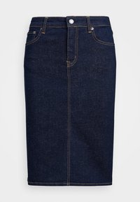 Jupe en denim bleu foncé à coupe droite, avec cinq poches et fermeture à bouton en laiton. Dispose de coutures jaunes contrastantes et d'une texture lisse.