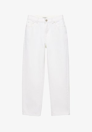 Biele rifle s priamym strihom, vyrobené z denimu, s predným zapínaním na gombíky, dizajnom s piatimi vreckami a jemnými švami.