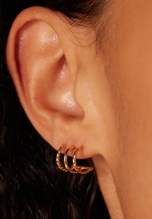 Drie gouden hoepeloorbellen met een gedraaide design, gedragen in een geperforeerd oor. Close-up onthult de textuur en glans op het metalen oppervlak.