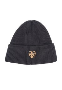 Bonnet en tricot gris foncé avec une texture côtelée, arborant une petite broderie en forme de cœur Léopard sur le devant.
