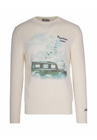 Maglione color crema con una grafica di un veicolo fuoristrada verde tra montagne innevate e il testo "Mountain Lover" sul petto.