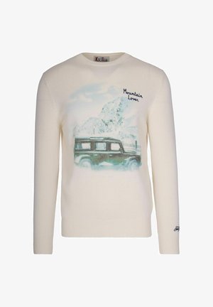 Maglione color crema con una grafica di un veicolo fuoristrada verde tra montagne innevate e il testo "Mountain Lover" sul petto.