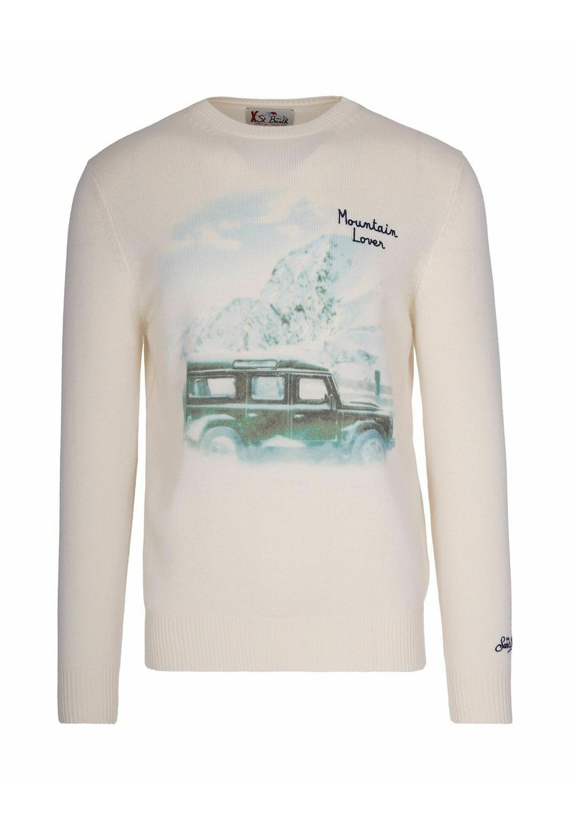 Maglione color crema con una grafica di un veicolo fuoristrada verde tra montagne innevate e il testo "Mountain Lover" sul petto.
