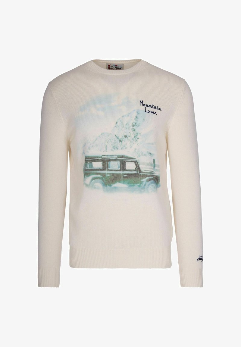 Maglione color crema con una grafica di un veicolo fuoristrada verde tra montagne innevate e il testo "Mountain Lover" sul petto.