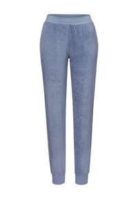 Light blue sweatpants made of soft, textured fabric. Features a drawstring waistband and elastic cuffs at the ankles.