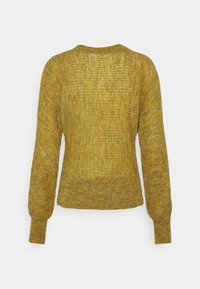 Mustard yellow knitted sweater with long sleeves and ribbed cuffs, displayed flat from the back on a white background.