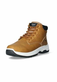 Sneaker alta Everlast marrone con suola intermedia bianca, suola nera, chiusura con lacci e colletto imbottito sulla caviglia, su sfondo bianco.