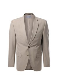 Beige taillierter Blazer mit Reverskragen, zwei Fronttaschen und subtiler Textur. Zweiknopfverschluss und glattes Innenfutter.