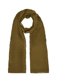 Écharpe vert olive en tissu texturé avec des motifs de côtes verticales. Légère et longue, avec une qualité douce et fluide.