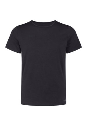 Schwarzes Baumwoll-T-Shirt mit rundem Ausschnitt, kurzen Ärmeln und dezentem Branding-Detail auf der Vorderseite und am unteren Saum. Glatte Textur.