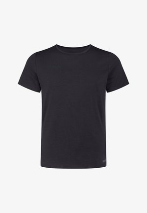 Black cotton T-shirt with a round neckline, short sleeves, and subtle branding detail on the front and lower hem. Smooth texture.