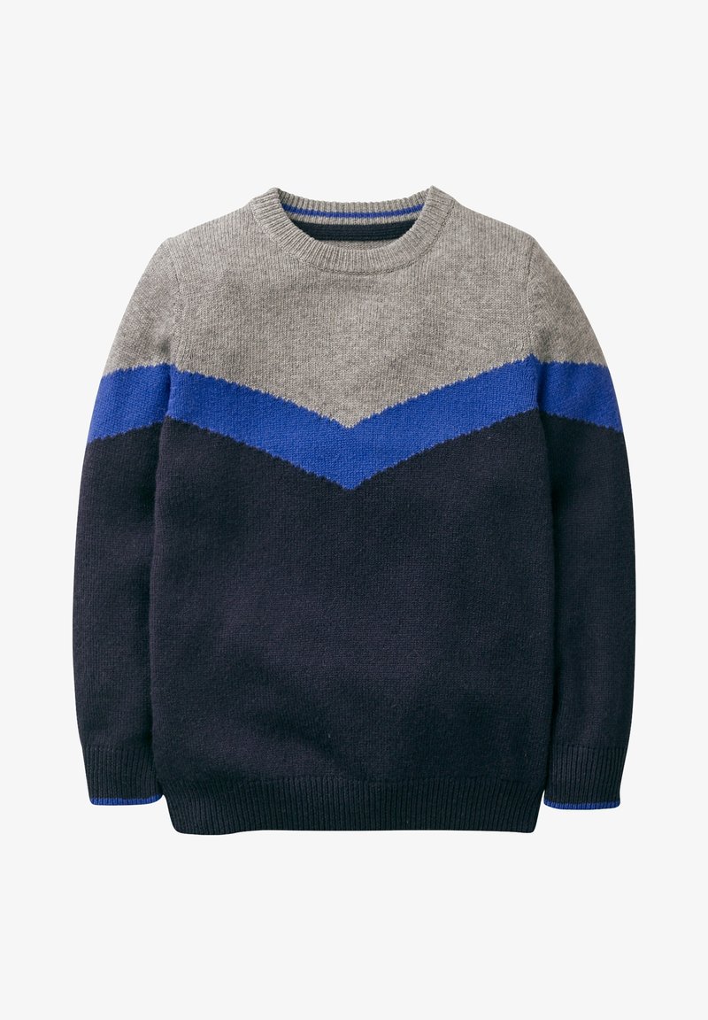 Maglione lavorato a maglia in grigio, navy e blu. Presenta un motivo a zigzag, collo rotondo, polsini e orlo a costine. Realizzato in morbido materiale misto lana.