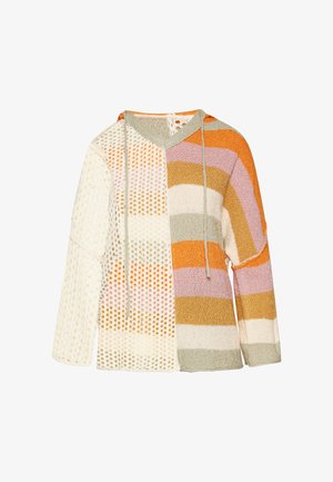 Kötött kapucnis pulóver, amely narancs, rózsaszín, krémszín, zöld és sárga csíkok patchworkjával díszített. Texturált minta és húzózsinór részlet.