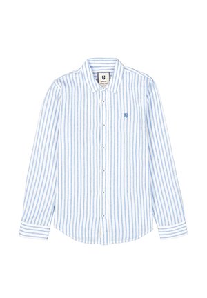 Koszula na długi rękaw zapinana na guziki w jasnoniebieskie i białe pionowe paski. Wykonana z bawełny, z klasycznym kołnierzykiem i pojedynczą kieszenią na piersi.