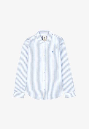 Camisa de manga larga con botones en rayas verticales azul claro y blanco. Hecha de algodón con cuello estándar y un bolsillo en el pecho.