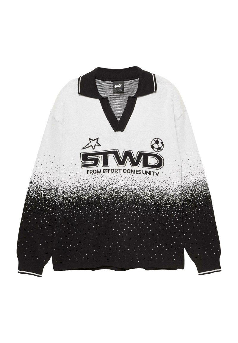 Langärmliger Polo-Pullover in Schwarz und Weiß mit einem verlaufenden gepunkteten Muster, "STWD"-Logo, Stern, Fußball und dem Text "AUS ANSTRENGUNG ENTSTEHT EINHEIT."