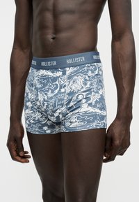Torse masculin portant un boxer bleu et blanc à motif floral avec le logo "HOLLISTER" sur la ceinture, sur fond uni.