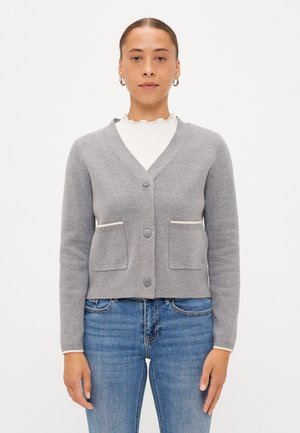 Gray knitted cardigan featuring a V-neck, front button closure, two patch pockets, and ribbed cuffs and hem.