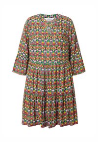 Blumengemustertes Kleid in lebhaftem Pink, Grün und Gelb. Mit V-Ausschnitt, kurzen Ärmeln und einem gestuften Rockdesign. Aus Baumwollmischung.