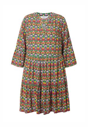 Bloemmotief jurk in levendig roze, groen en geel. Heeft een V-hals, korte mouwen en een gelaagd rokkenspel. Gemaakt van een katoenmix.