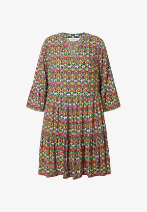 Bloemmotief jurk in levendig roze, groen en geel. Heeft een V-hals, korte mouwen en een gelaagd rokkenspel. Gemaakt van een katoenmix.