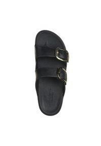 Infradito nere con due fasce larghe e fibbie in tonalità oro. Soletta texturizzata con etichetta "Skechers ArchFit" per il comfort.