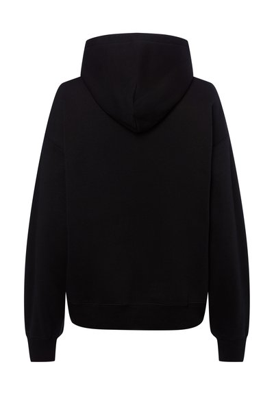 Czarna pulowerowa bluza z kapturem wykonana z bawełnianej mieszanki, z kapturem, opuszczonymi ramionami oraz elastycznymi mankietami i dołem. Gładka faktura, minimalistyczny design.