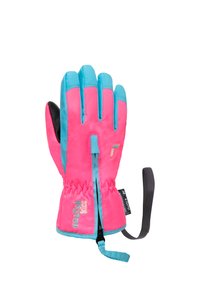 Lys pink og blå handsker med en polstret design, elastisk håndled og sort håndflade. Har dekorativ syning og en rem for sikker pasform.