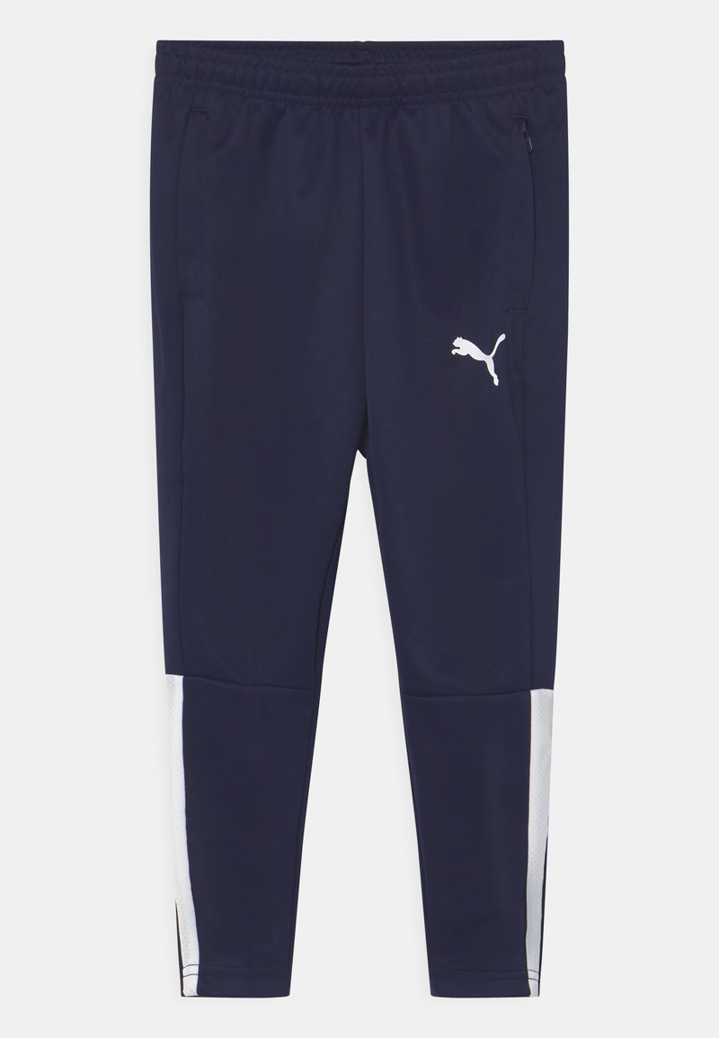 Navy Sportleggings aus leichtem Stoff, mit einem weißen Puma-Logo und Netzbesätzen an den unteren Seiten. Verfügt über Seitentaschen.