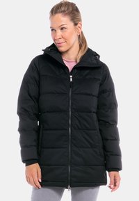 Schwarze Pufferjacke mit gestepptem Design, Reißverschluss und Kapuze. Verfügt über elastische Bündchen und Seiten Taschen, aus isoliertem Material gefertigt.