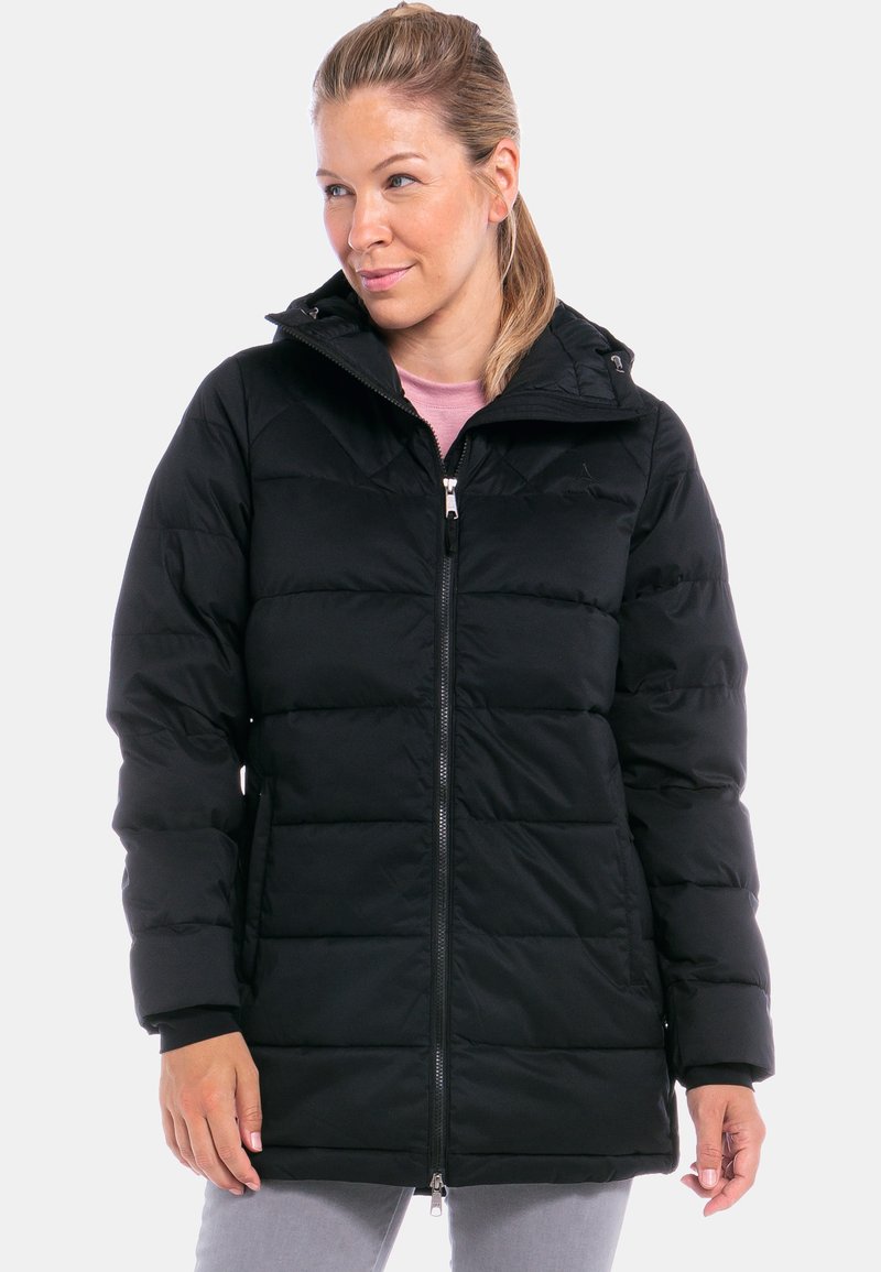 Schwarze Pufferjacke mit gestepptem Design, Reißverschluss und Kapuze. Verfügt über elastische Bündchen und Seiten Taschen, aus isoliertem Material gefertigt.
