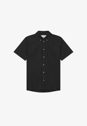 Short-sleeve black button-up shirt made of fabric with a smooth texture; features a standard collar and subtle logo embroidery on the chest.