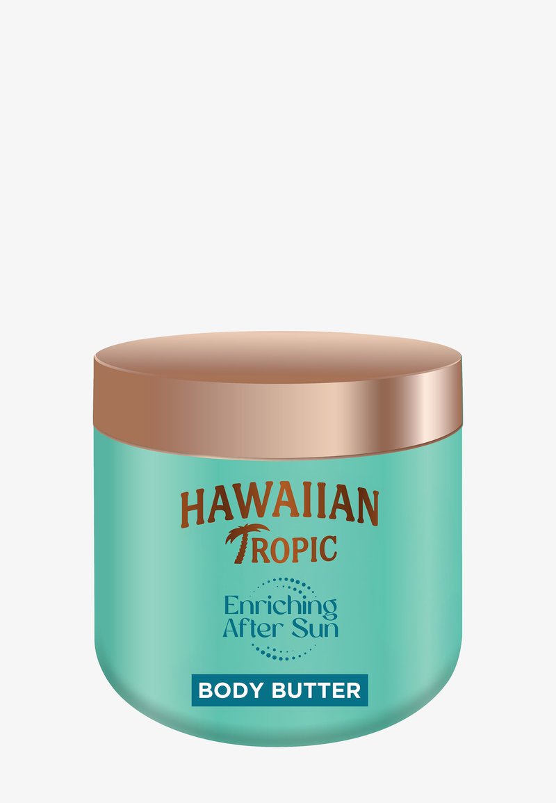 Turkooizen potje Hawaiian Tropic Enriching After Sun body butter met een metalen bronzen deksel op een witte achtergrond.