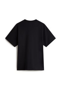 Black short-sleeve t-shirt with a round neckline. Simple design and smooth texture, featuring a relaxed fit and no visible patterns or accents.