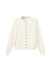 Cardigan bianco a maniche lunghe con scollo tondo e bottoni neri lungo il centro frontale.