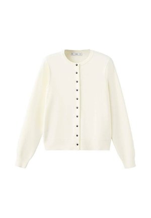 Cardigan blanc à manches longues avec encolure ronde et boutons noirs alignés au centre devant.