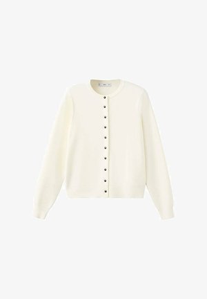 White long-sleeve cardigan with round neckline and black buttons running down the front center.