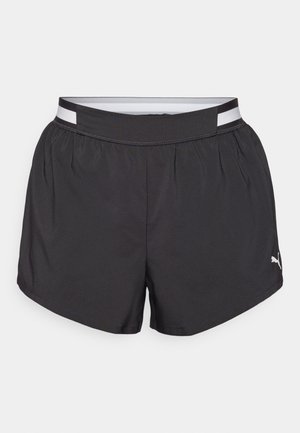 Black athletic shorts with a soft, lightweight fabric. Features an elastic waistband and white accent stripe at the top. Small logo on side.